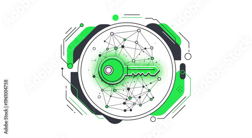 Abstract digital key graphic representing data encryption and cybersecurity, rendered in a modern, geometric art style, set against a clean white backdrop, ideal for tech or finance visuals.