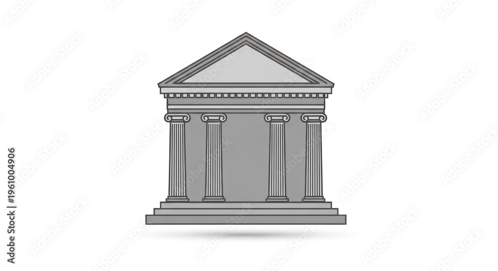 Obraz premium Gray bank building graphic with columns on a white background, ideal for finance, architecture, or government concepts.