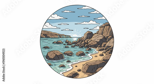 Coastal rocky shore with ocean waves under a cloudy sky at sunrise