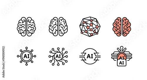 A detailed and modern artistic depiction of various brain and AI-related icons, utilizing clean lines and a minimalist vector style. This graphic design showcases human and artificial intell
