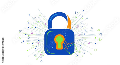 Abstract digital padlock with hand interaction and radiating lines symbolizing online security, data protection, cybersecurity, and technological privacy, flat design concept.