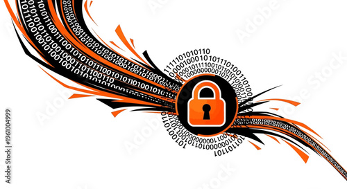 Abstract digital security concept featuring a stylized padlock icon, overlaid on flowing binary code and orange and black brushstrokes, against a white background, representing data protecti