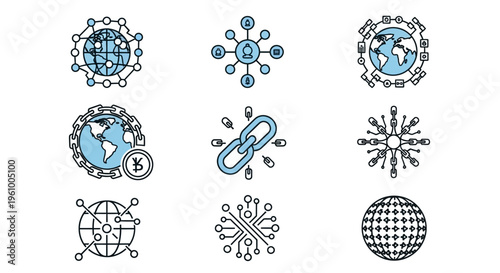 A collection of stylized graphic icons representing global cryptocurrency and blockchain technology concepts, including interconnected networks, earth globes, chain links, and digital sphere