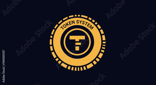 Minimalist digital token system icon with gold details on dark navy blue background, modern design for finance, cryptocurrency, and blockchain technology related concepts