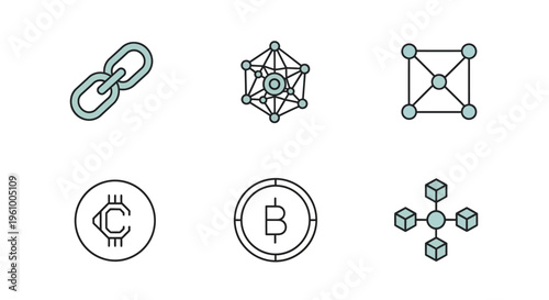 Minimalistic icons representing blockchain and cryptocurrency concepts. Featuring a chain link, interconnected nodes, Bitcoin symbols, and abstract geometric designs for finance.