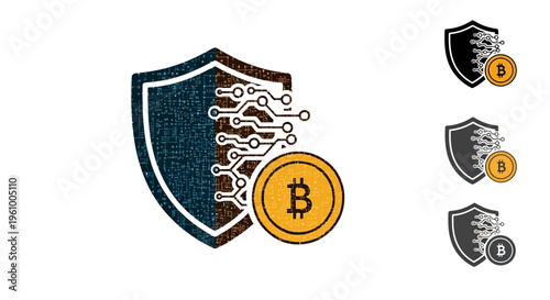 Conceptual digital representation of Cryptocurrency security with a protective shield and Bitcoin symbol, showcasing data protection, encryption, and blockchain technology in a retro-modern 