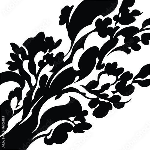 Graceful black and white conceptual floral structure with flowing curves, flawless for ornamental backgrounds, visual graphic.
