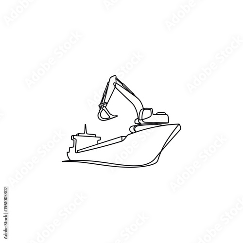 Continuous line drawing of a dredge ship with an excavator on board.