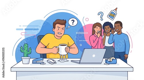 Frustrated Worker Trying to Lift Glued Coffee Mug Desk Prank
