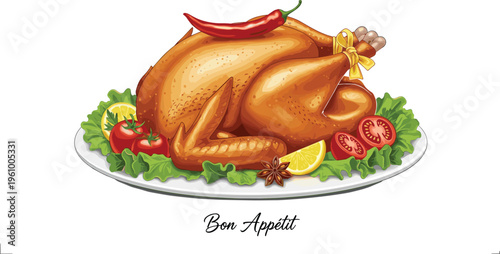 Roasted Chicken Platter with Vegetables, Lemon, Spices, and "Bon Appétit" for Delicious Meal Illustration