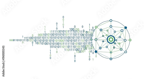 Digital network connection visualized with binary code stream transforming into geometric data structure on white background abstract concept