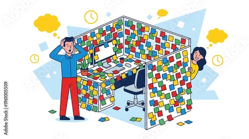 Stunned Businessman Looking at Cubicle Covered in Sticky Notes