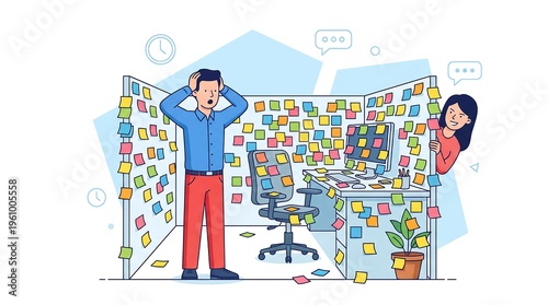 Stunned Businessman Looking at Cubicle Covered in Sticky Notes