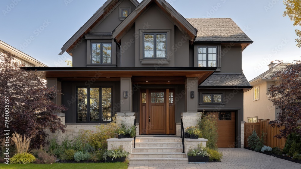 Fototapeta premium Stunning Two-Story Home Exterior with Modern Architecture, Professional Landscaping, and Welcoming Front Porch, Perfect for Real Estate and Design