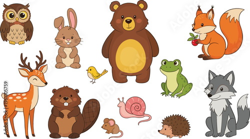 Cute forest animals collection with bear, fox, deer, owl, rabbit, frog and more, colorful cartoon vector illustration for children books and nursery designs