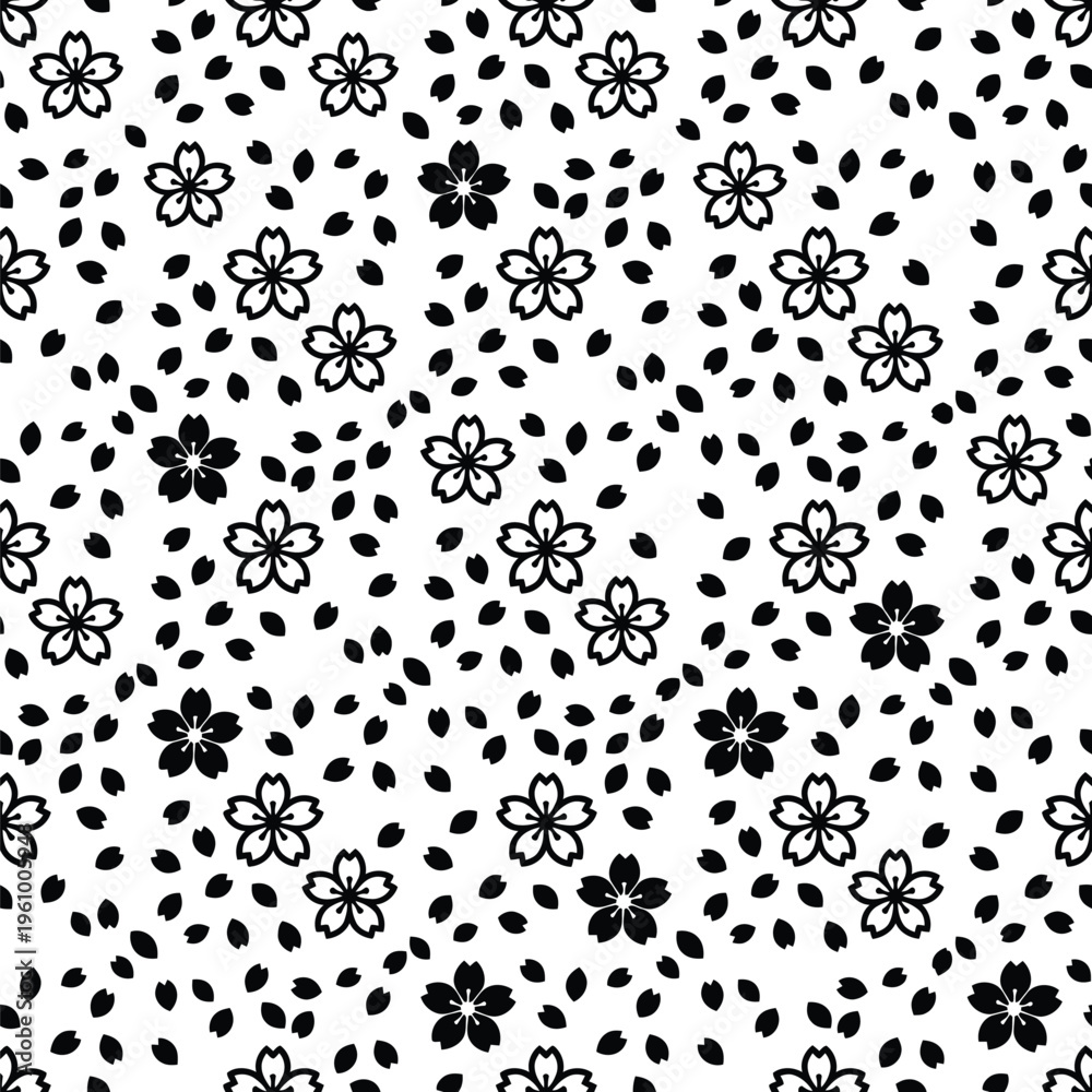 Fototapeta premium Seamless black and white cherry blossom arrangement with falling petals, traditional japanese floral composition, vector.