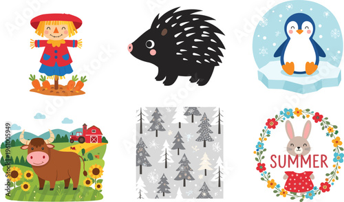 Cute seasonal cartoon collection with scarecrow, hedgehog, penguin, farm cow, winter forest and summer bunny, colorful vector set for children and holiday designs
