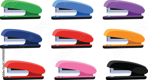 Colorful stapler set illustration, office stationery tool collection with different colors, desktop staplers for paper binding, workplace supply vector design