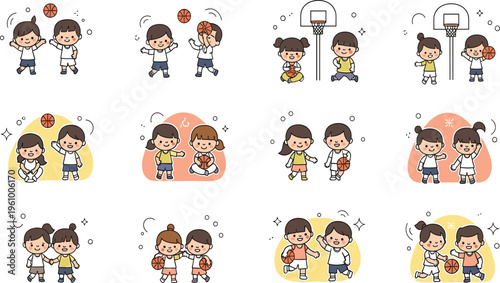 Cute Kids Playing Basketball Cartoon Set Featuring Children Dribbling, Shooting, and Team Activities for Sports Education and Nursery Design Projects.