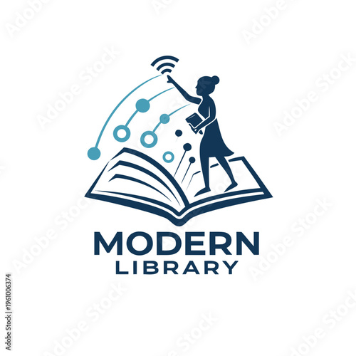 Modern library logo with books and wifi symbol with e book