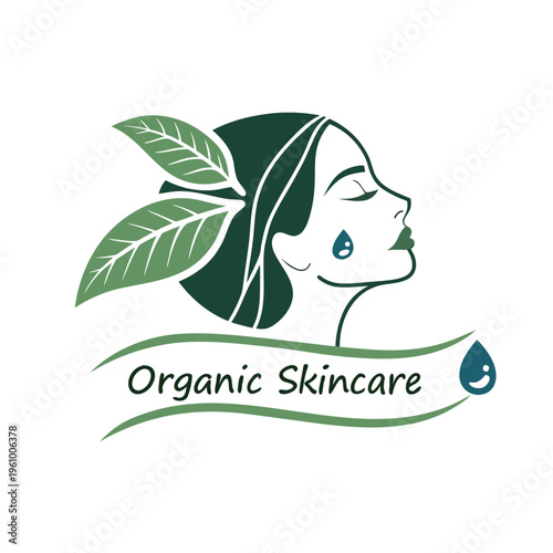 Organic skincare logo with woman and leaves with beauty product