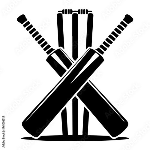 Cricket bat and wickets icon with crossed bats and stumps in black silhouette, cricket, bat, wicket, stump, sports, equipment, ball, game