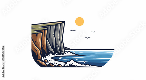 Coastal cliffs meet ocean waves under a bright sun with soaring birds