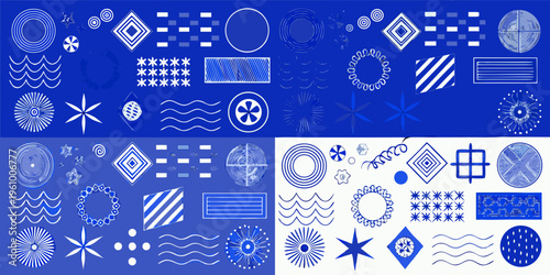Abstract geometric patterns in shades of blue and white