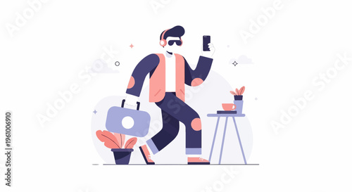 A man with headphones and briefcase walks while holding a phone