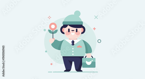 A plump character in a teal suit and hat holds a flower and briefcase