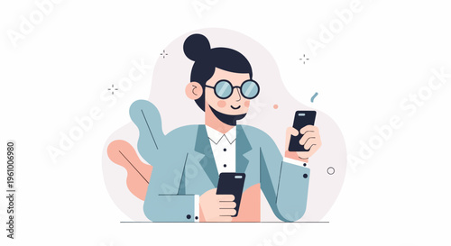 A stylish man in a suit with glasses holds two phones, surrounded by abstract shapes