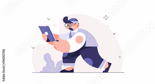 A stylized man in glasses walks while holding a tablet device