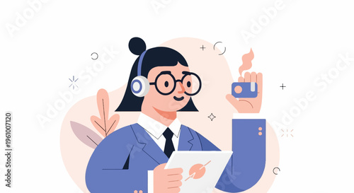 A person with headphones, glasses, and suit holds a tablet and a device