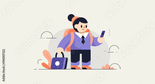 A stylized person with a backpack and briefcase holds a smartphone