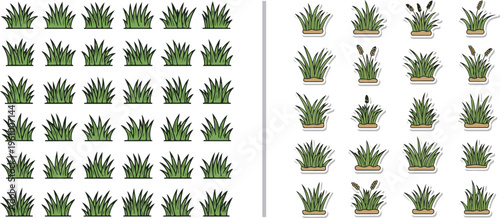 Vector asset featuring a comprehensive collection of stylized green grass tufts and wetland bulrush icons. Perfect for creating varied landscape maps, garden designs, and natural environments.