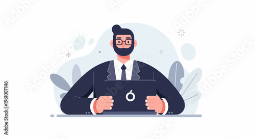 A bearded man in a suit works on a laptop in a minimalist style