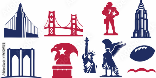 American landmarks and sports icons depicted in a patriotic style