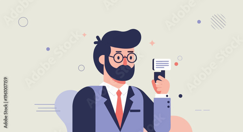 A man with glasses and a beard in a suit holds up a device