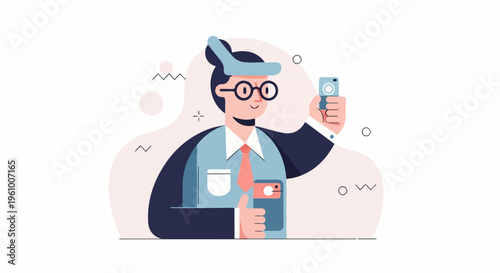A stylized person in business attire takes a picture with their phone