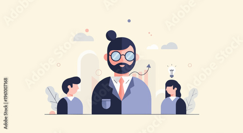 A mentor guides two mentees, fostering growth and ideas with a lightbulb