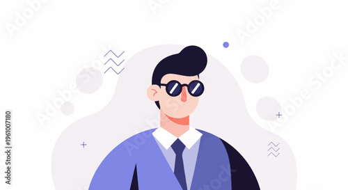 Animated man with dark hair, sunglasses, blue suit, and tie on white background