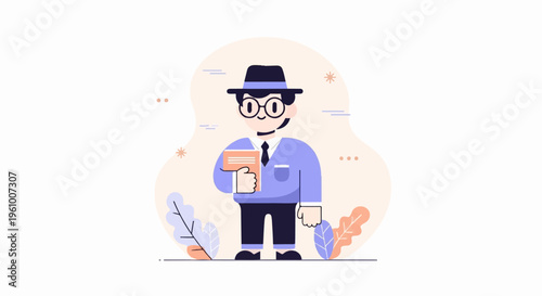 A cheerful, cartoon-style man in a hat and glasses holds a book