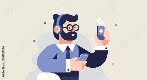 Bearded man with headphones using two phones and a vaping device