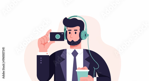 A man in a suit wears headphones, holds a camera, and sips a drink