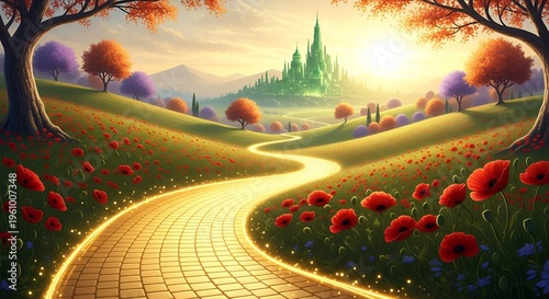A winding yellow brick road leads to a green castle on a transparent background