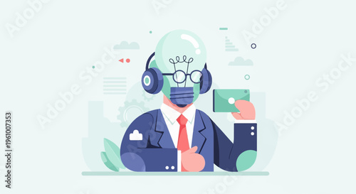 A person with a lightbulb for a head, wearing headphones and suit, holding a card