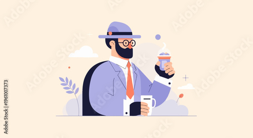 Bearded man in hat and suit holds a beverage and cup