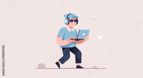 A person with headphones and glasses walks with a laptop and listens to music