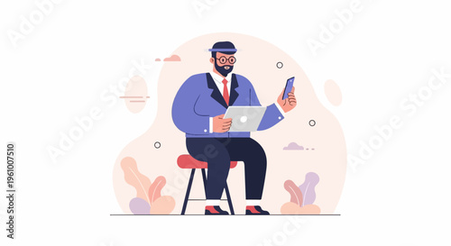 Bearded man in suit with laptop and phone on stool