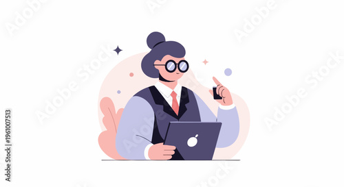 A woman in a suit and glasses is holding a laptop and a small device, appearing focused